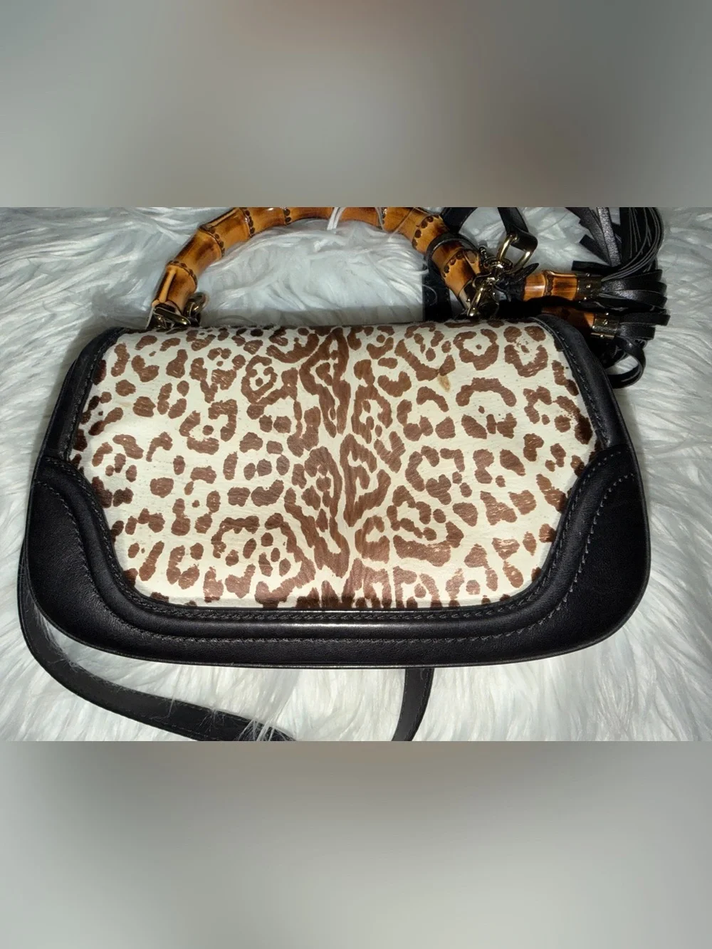 GUCCI Vintage Bamboo Leopard 2way Handbag Crossbody Bag Pony Calf Hair Gray